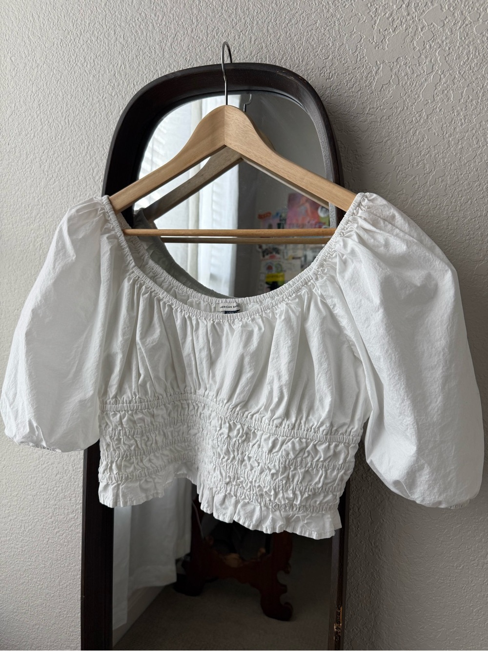 American Eagle White Cotton Puff Sleeve Crop Top Smocked Off Shoulder Size L